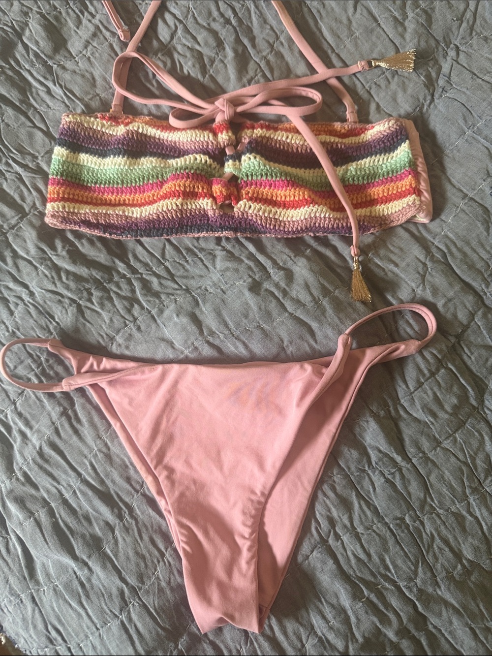 Spiritual Gangster Pink Bikini with Multicolor Crochet Bandeau